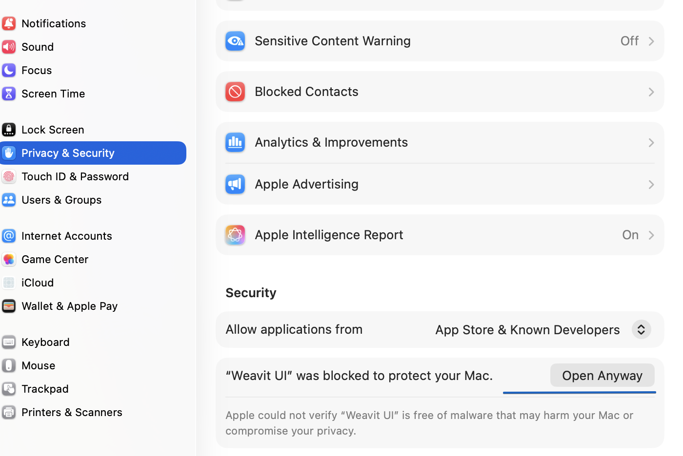 macOS System Settings, Privacy & Security pane, scrolled to the Security section. A row reads “Weavit UI” was blocked to protect your Mac, with an Open Anyway button beside it.