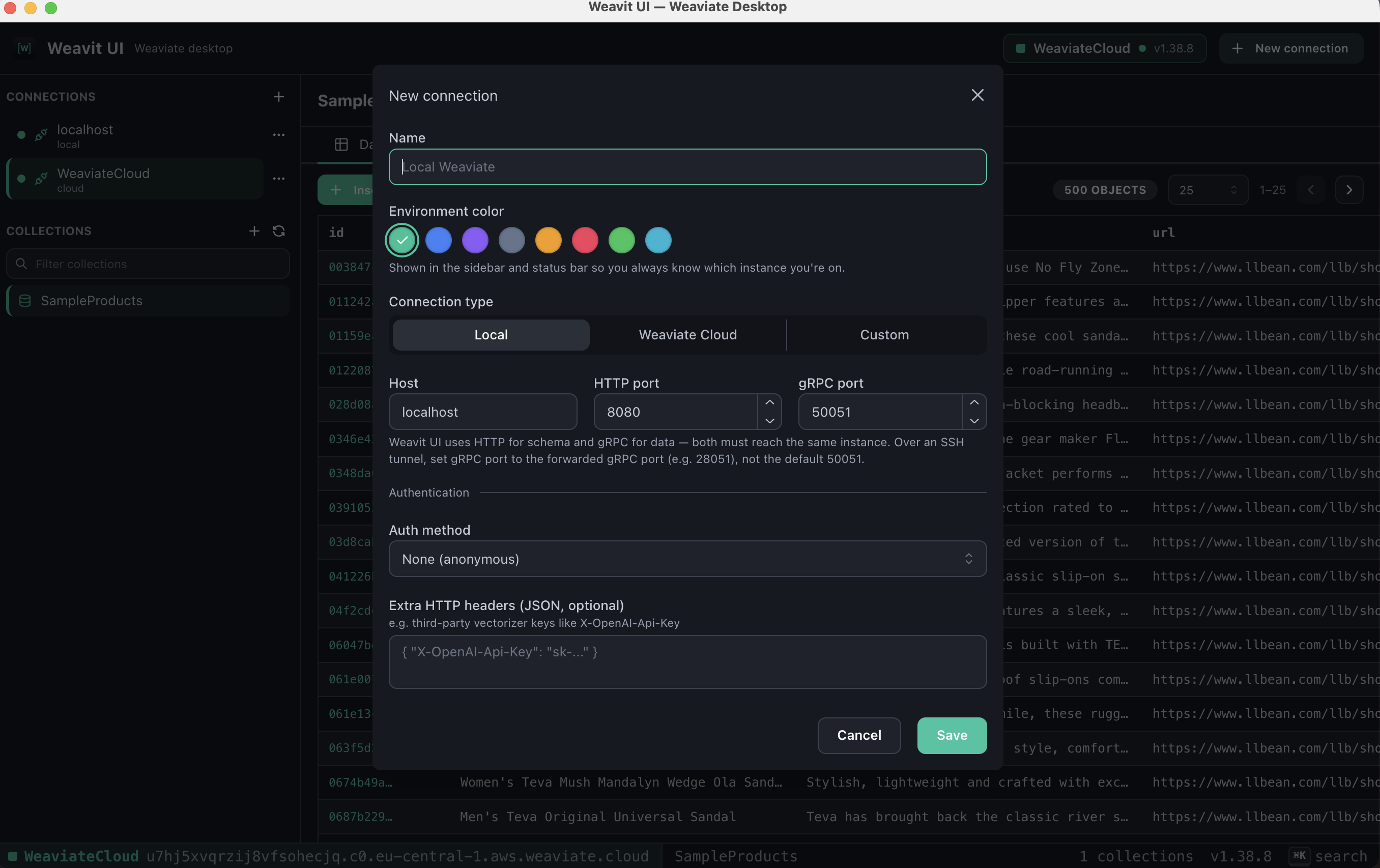 The New connection dialog in Weavit UI, configuring a local Weaviate instance with host, HTTP port 8080 and gRPC port 50051