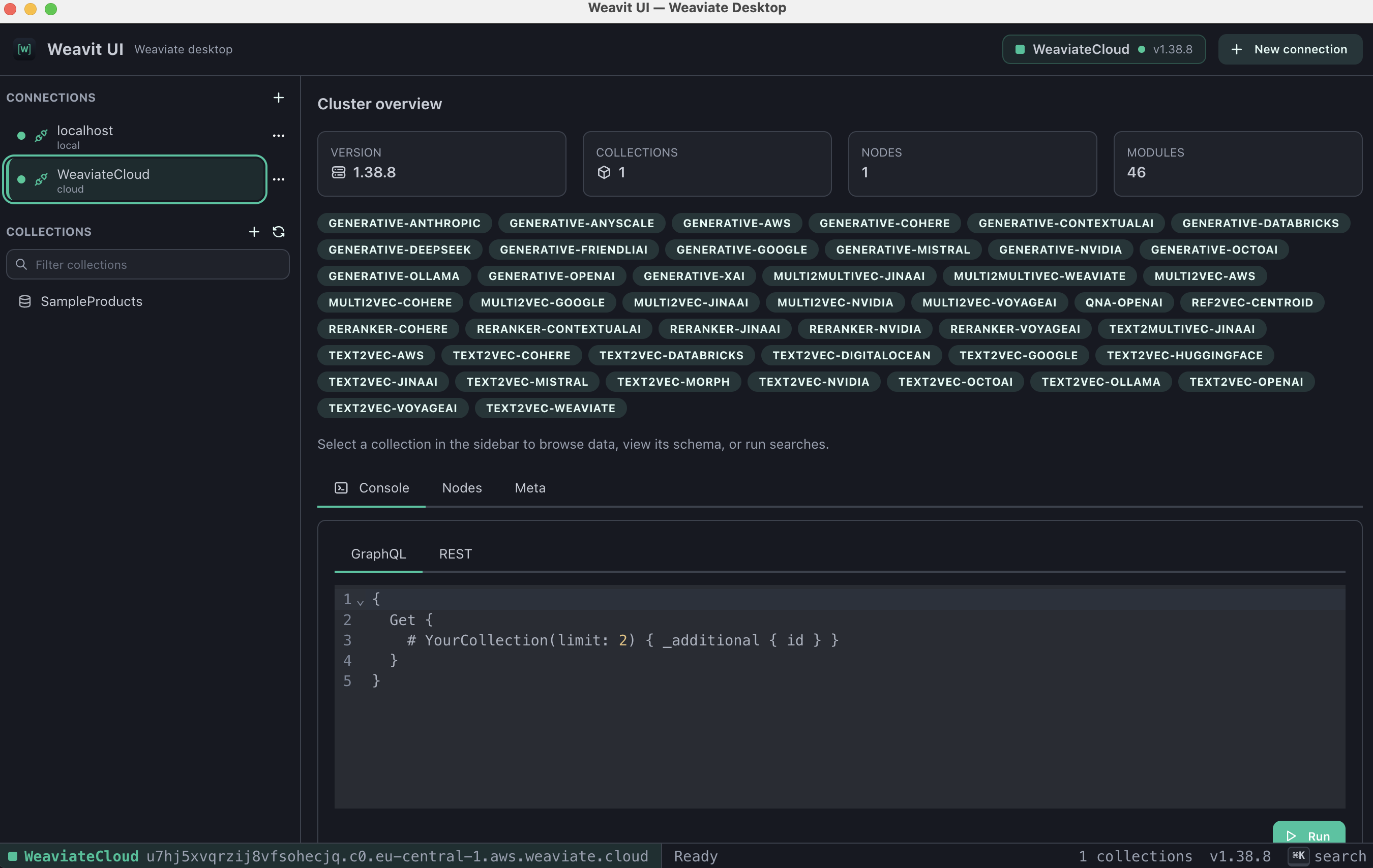 Weaviate cluster overview in Weavit UI showing server version, collection and node counts, installed vectorizer modules, and a GraphQL console