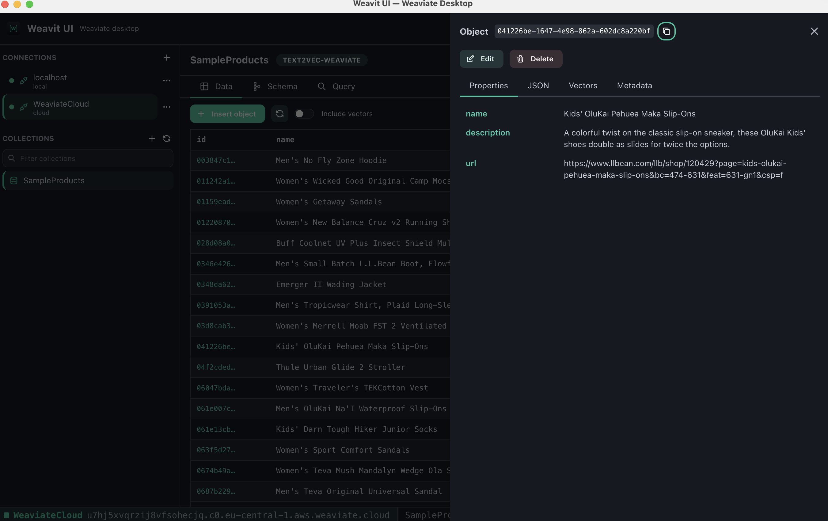 Browsing a Weaviate collection in the Weavit UI GUI, with an object detail drawer open on its Properties, JSON, Vectors and Metadata tabs